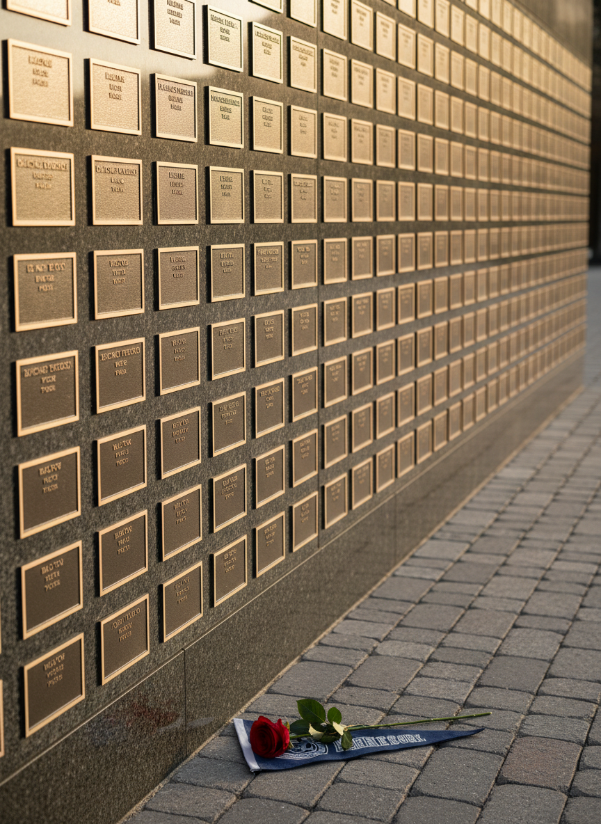 A polished granite memorial wall engraved with neatly arranged nameplates, each represented by simple, elegant bronze plaques without legible text, set in a quiet courtyard. A single red rose and a folded navy-and-silver school pennant rest at the base, hinting at a shared alma mater. Late afternoon golden light washes over the stone, catching subtle reflections on the metal and casting long, soft shadows across the paved ground. Photographed at eye level with a shallow depth of field, the foreground plaques are in crisp focus while the background gently blurs, creating a sophisticated, reverent atmosphere appropriate for a Reno High School Class of ’96 memorial site.