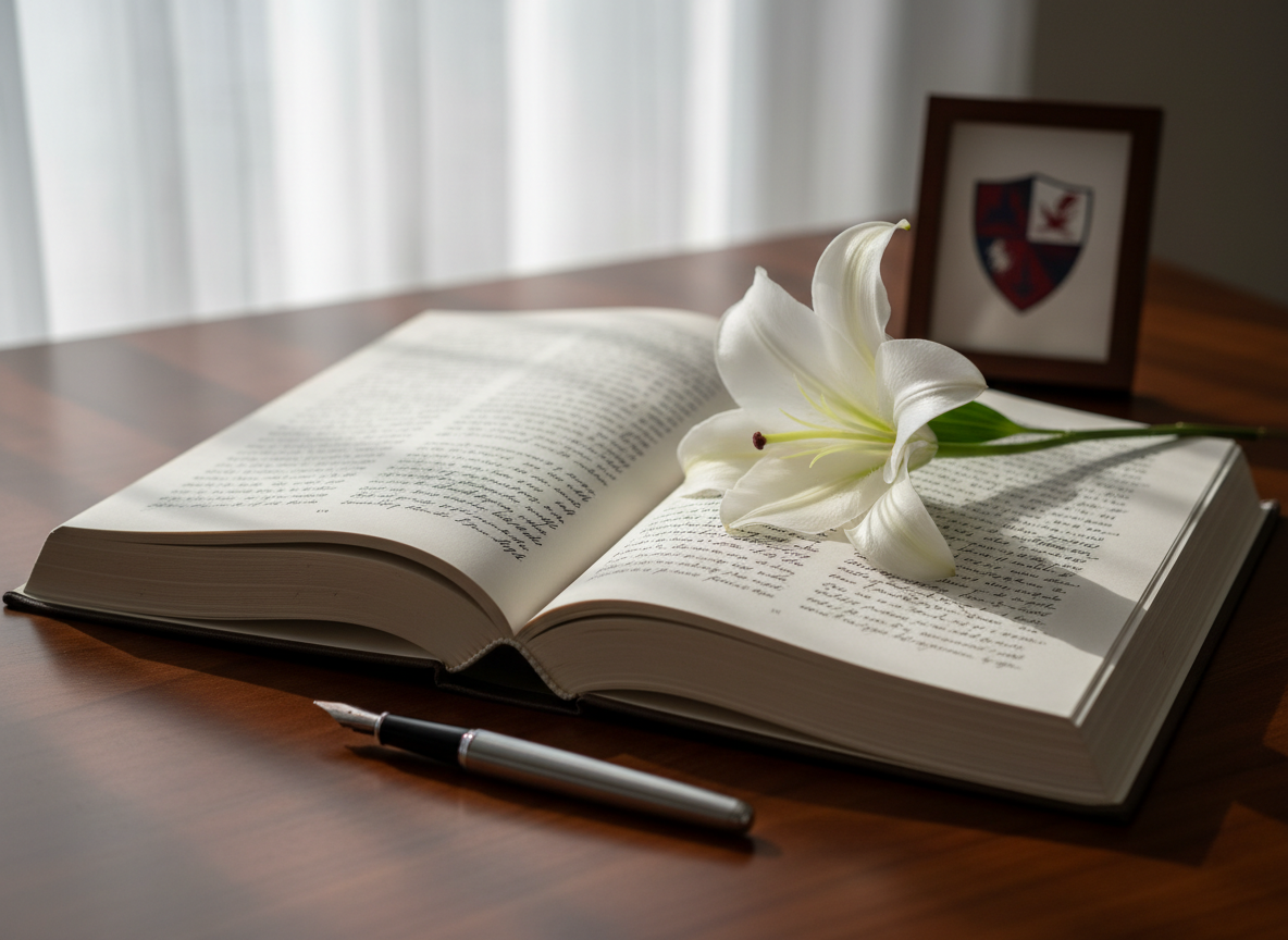 An open, linen-bound remembrance book resting on a dark walnut table, its thick, cream pages filled with gracefully curved but unreadable handwriting that suggests heartfelt messages. Beside it lies a vintage silver fountain pen and a single white lily placed reverently across the page. In the background, slightly out of focus, sits a small framed scarlet-and-navy abstract emblem hinting at a school crest without clear lettering. Gentle morning light filters through sheer curtains, illuminating the paper’s texture and creating soft shadows. Shot from a slightly elevated angle with a shallow depth of field, the photograph conveys quiet invitation, encouraging visitors to submit new memorials and add memories with understated sophistication.