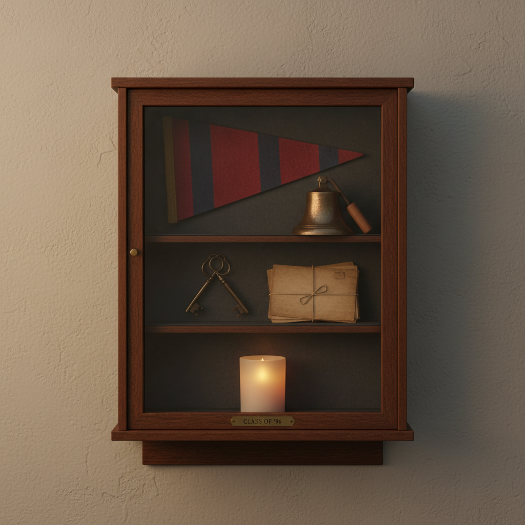 A vintage-style wooden display case mounted on a muted cream wall, filled with carefully arranged symbolic keepsakes: a worn crimson and blue varsity-style pennant without text, a small bronze bell, a pair of old keys, and a stack of neatly tied letters. A discreet memorial candle in a frosted glass holder glows softly on a narrow shelf below, its flame reflected in the display glass. Soft, diffused evening light from an unseen window mingles with the candlelight, creating a warm, reflective ambiance. Captured straight-on with balanced composition and photographic realism, the image suggests a dignified place where memories, condolences, and stories of the Class of ’96 can be shared.
